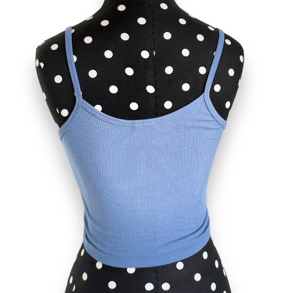 SOLD - Full Tilt Women Tank S Blue Ribbed Knit Ruched Gathered Cropped Spaghetti - Picture 5 of 8